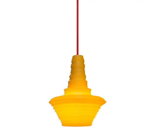 Innermost Stupa 18  Small Yellow Pendant Light, award-winning resin lamp, modern ceiling fixture for dining room ambiance.