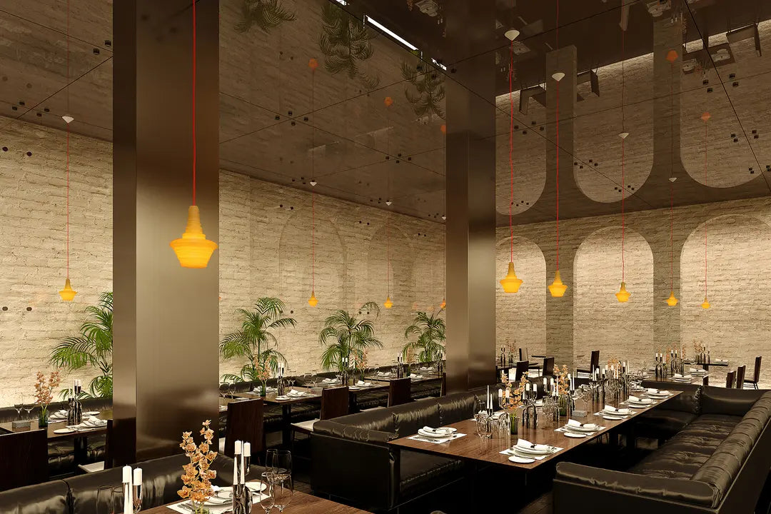 Grouping of Stupa Pendant Lights in various sizes and colors, demonstrating versatile design for commercial spaces.