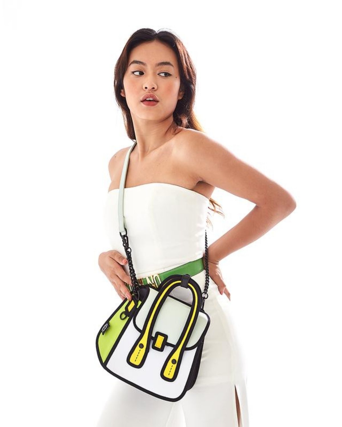 Model wearing the JumpFromPaper Owl Shoulder Bag in Mint Green on its metal chain