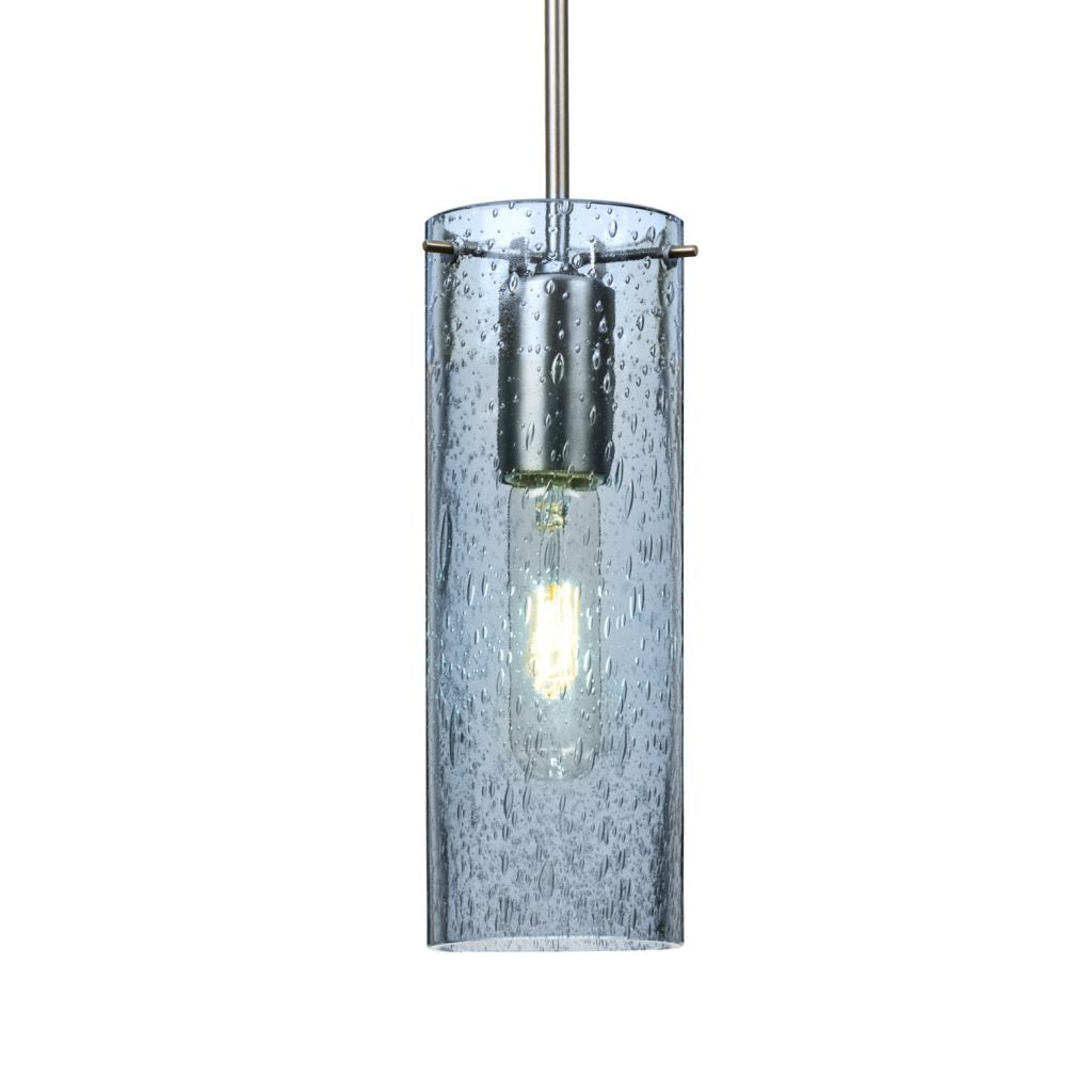 Modern blue glass cylinder pendant light for kitchen island and dining room lighting