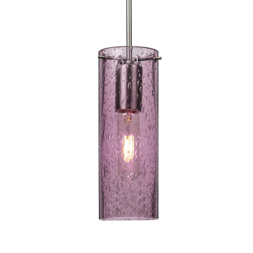 Besa Juni 10 pendant light with handcrafted plum bubble glass cylinder and satin nickel finish
