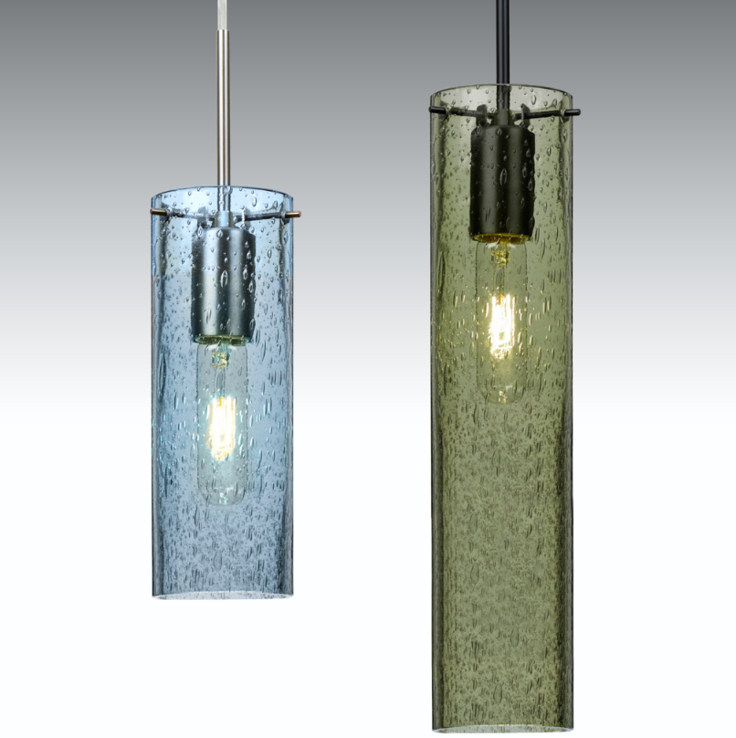 Modern bubble glass pendant light with cylindrical shade for residential interiors