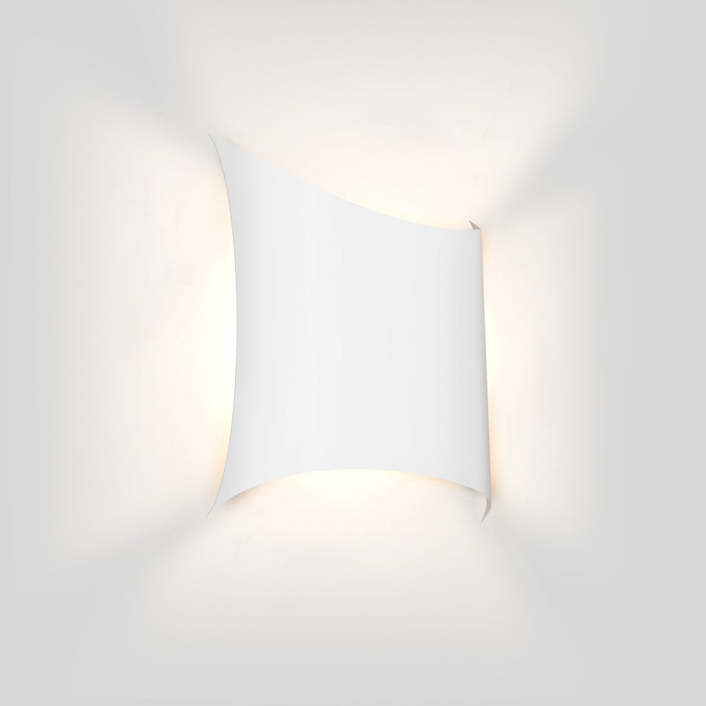 Architectural white LED wall sconce with aluminum faceplate and soft ambient glow