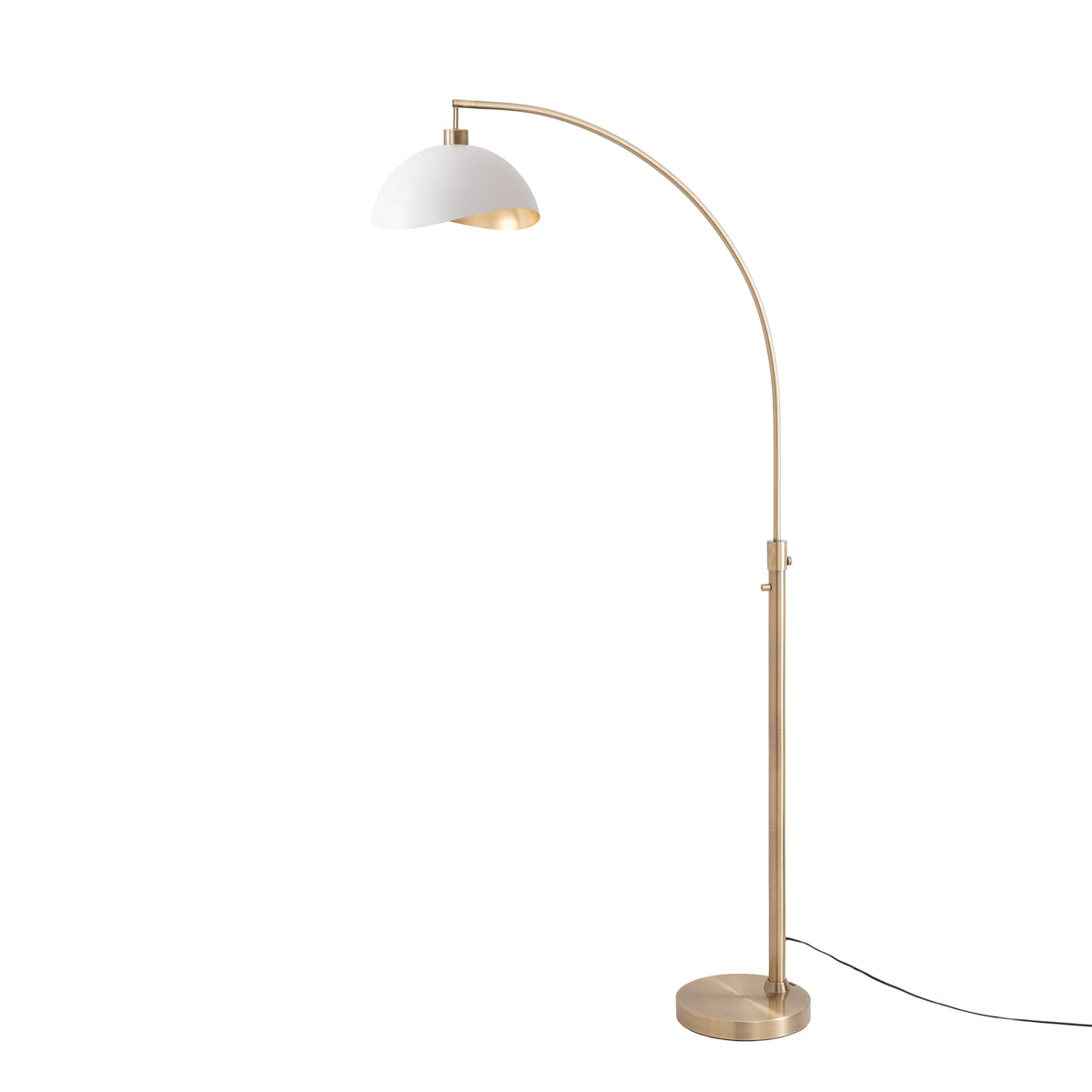 Luna Bella 75"H Chairside Arc Lamp by Nova of California, White/Gold shade, Weathered Brass body – view 1