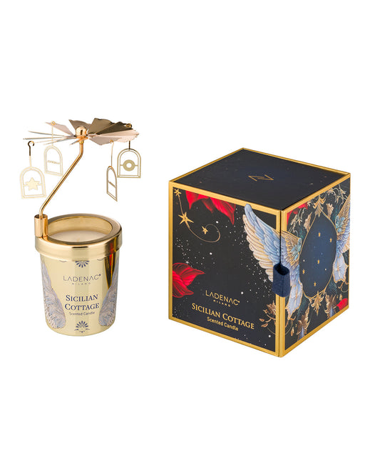 Sicilian Cottage 75 g carousel candle by Ladenac Milano, candle and carousel beside the gift box