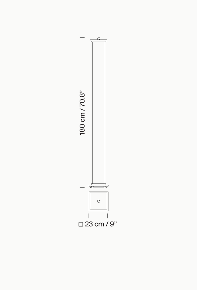 Technical line drawing of Santa & Cole La Bella Durmiente floor lamp showing modern Spanish designer floor lamp structure and proportions