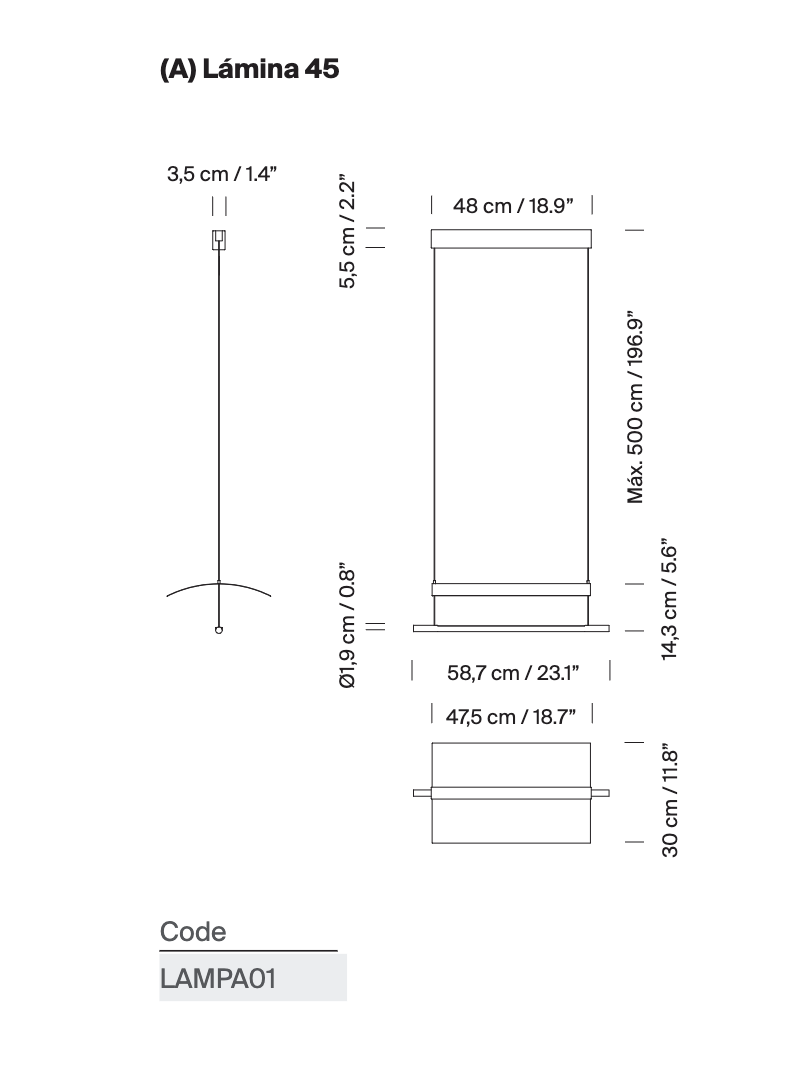 Architectural outline illustration of Santa & Cole Lámina 45 LED suspension lamp
