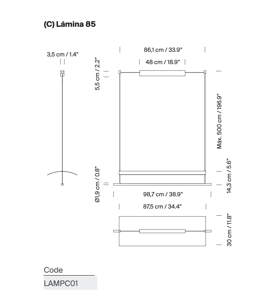 Black and white line drawing showing the curved silhouette of the Lámina 85 pendant