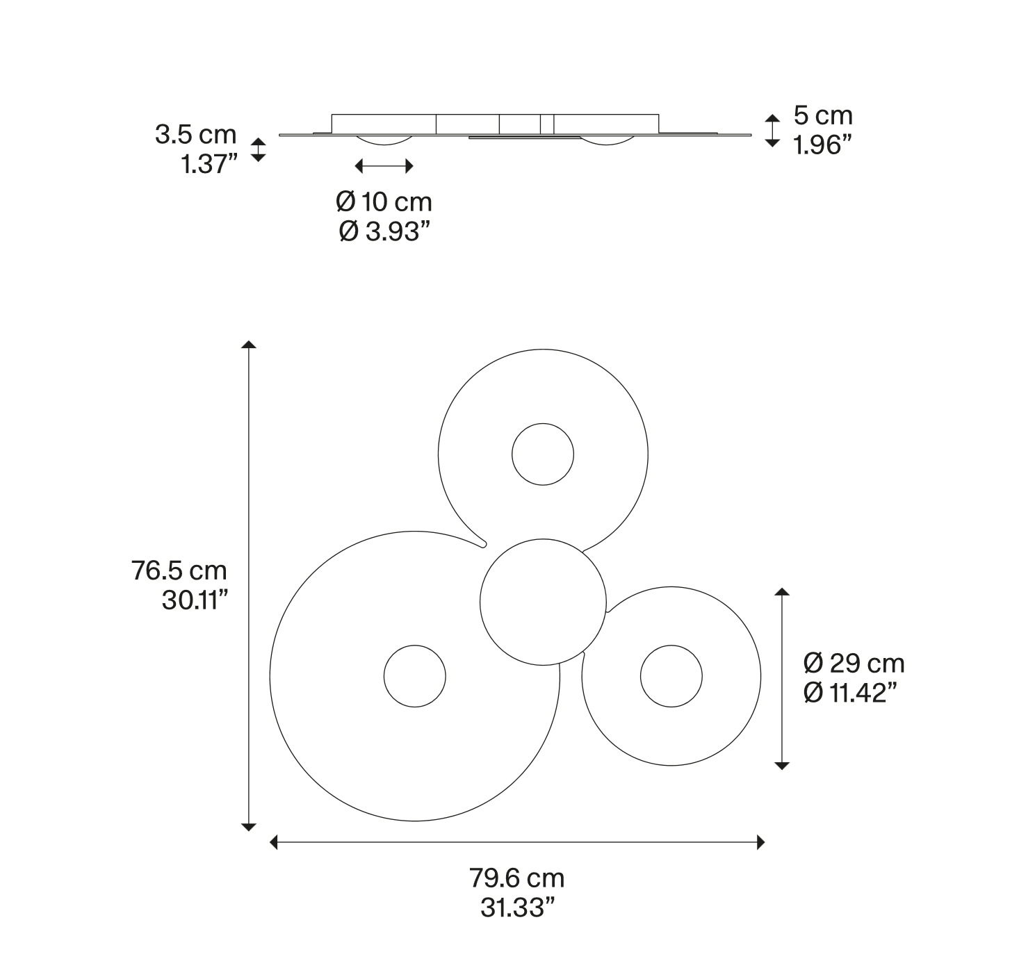 Lodes Bugia Mega LED ceiling light size guide showing dimensions for installation planning