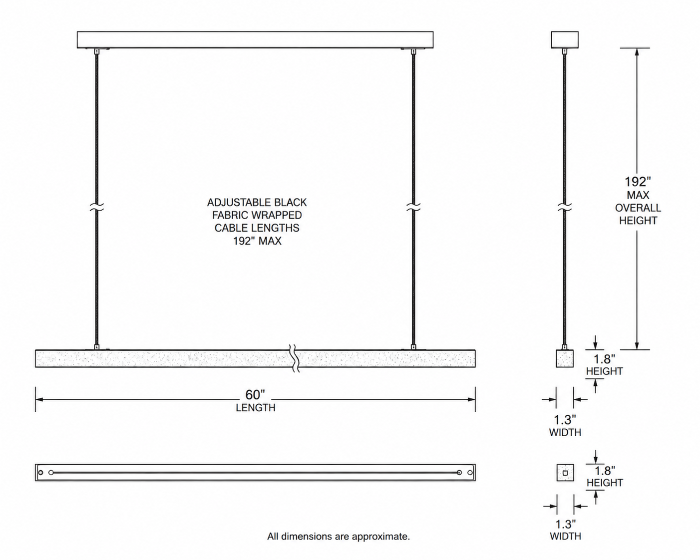Dimension diagram of modern 60 inch linear LED chandelier with concrete body and adjustable hanging cable lengths