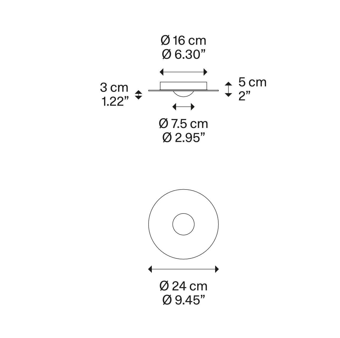 Bugia Single ceiling flush light by Lodes dimension drawing with installation measurements and fixture size