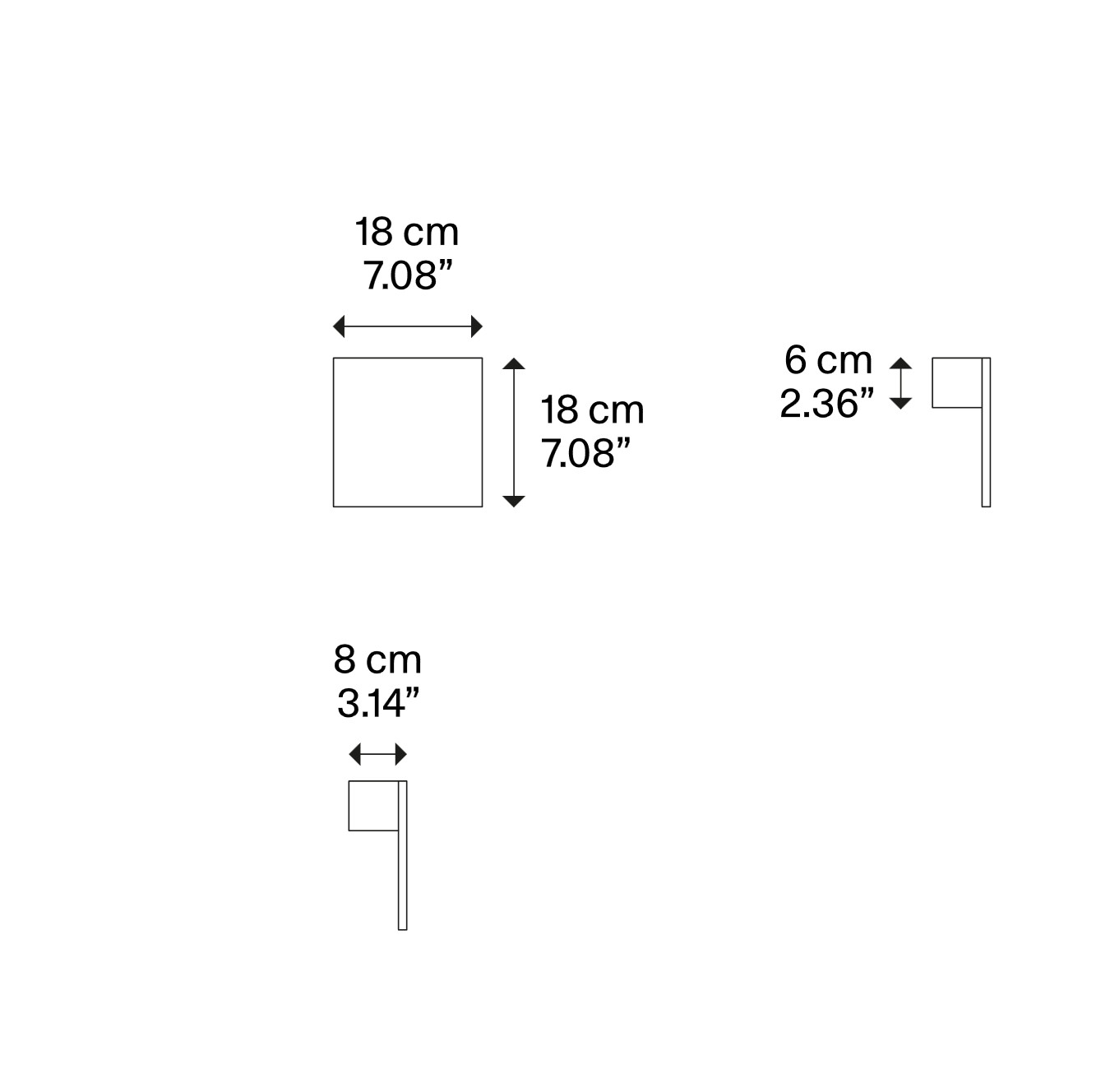 Lodes Puzzle Single Square matte black LED wall and ceiling light dimensional line drawing
