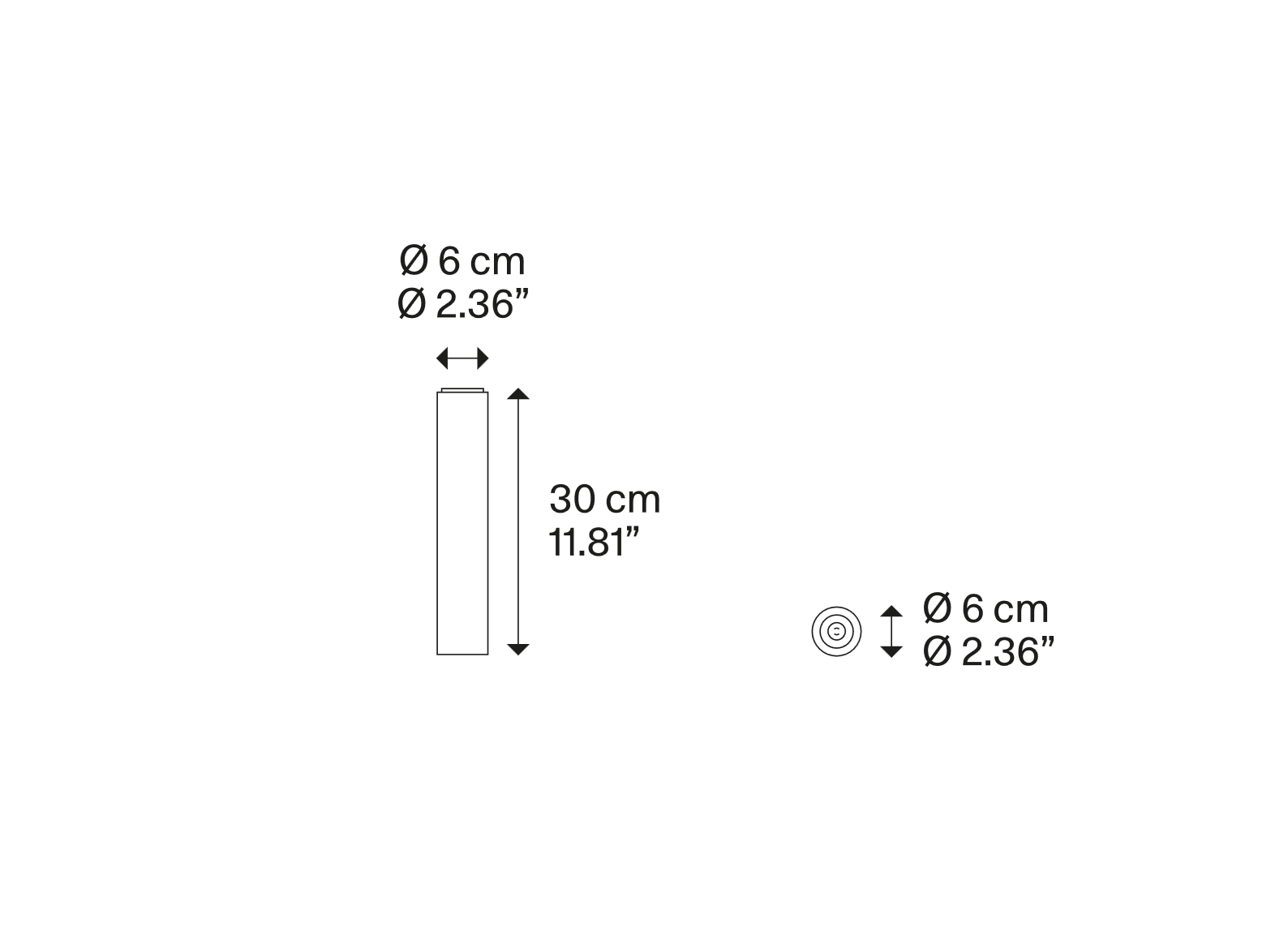 Dimension drawing of the Lodes A-Tube Small cylindrical ceiling light with overall measurements