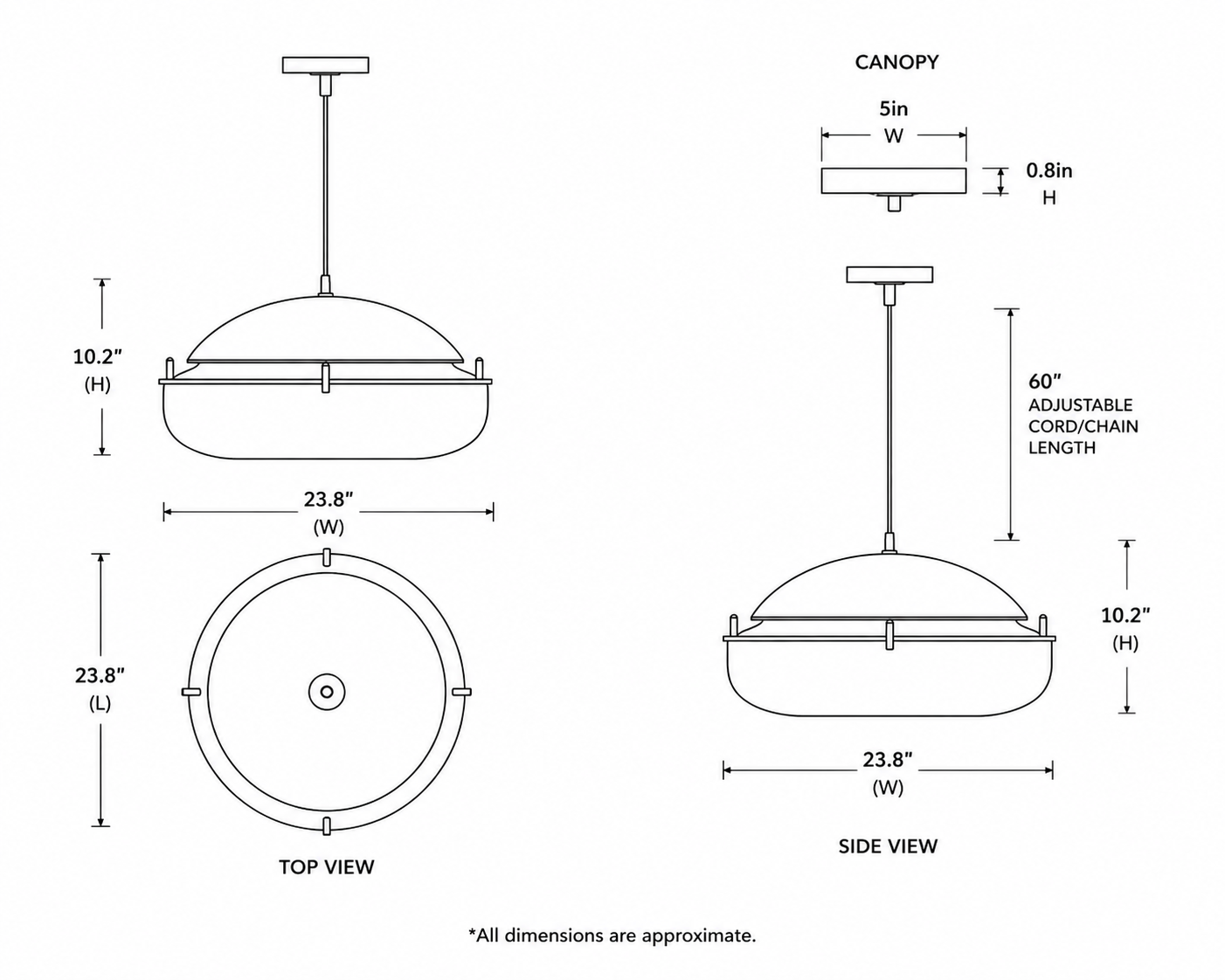 Visual Comfort Lusi 24 pendant light line drawing showing canopy size and 60 inch cord length