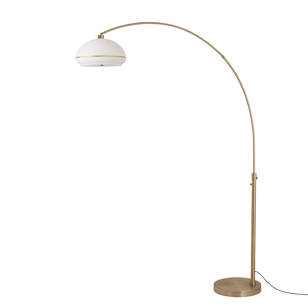 Simple Morelli 85" 1-Light Arc Lamp by Nova of California, White with Weathered Brass Stripe shade, Weathered Brass base, Weathered Brass body – view 8