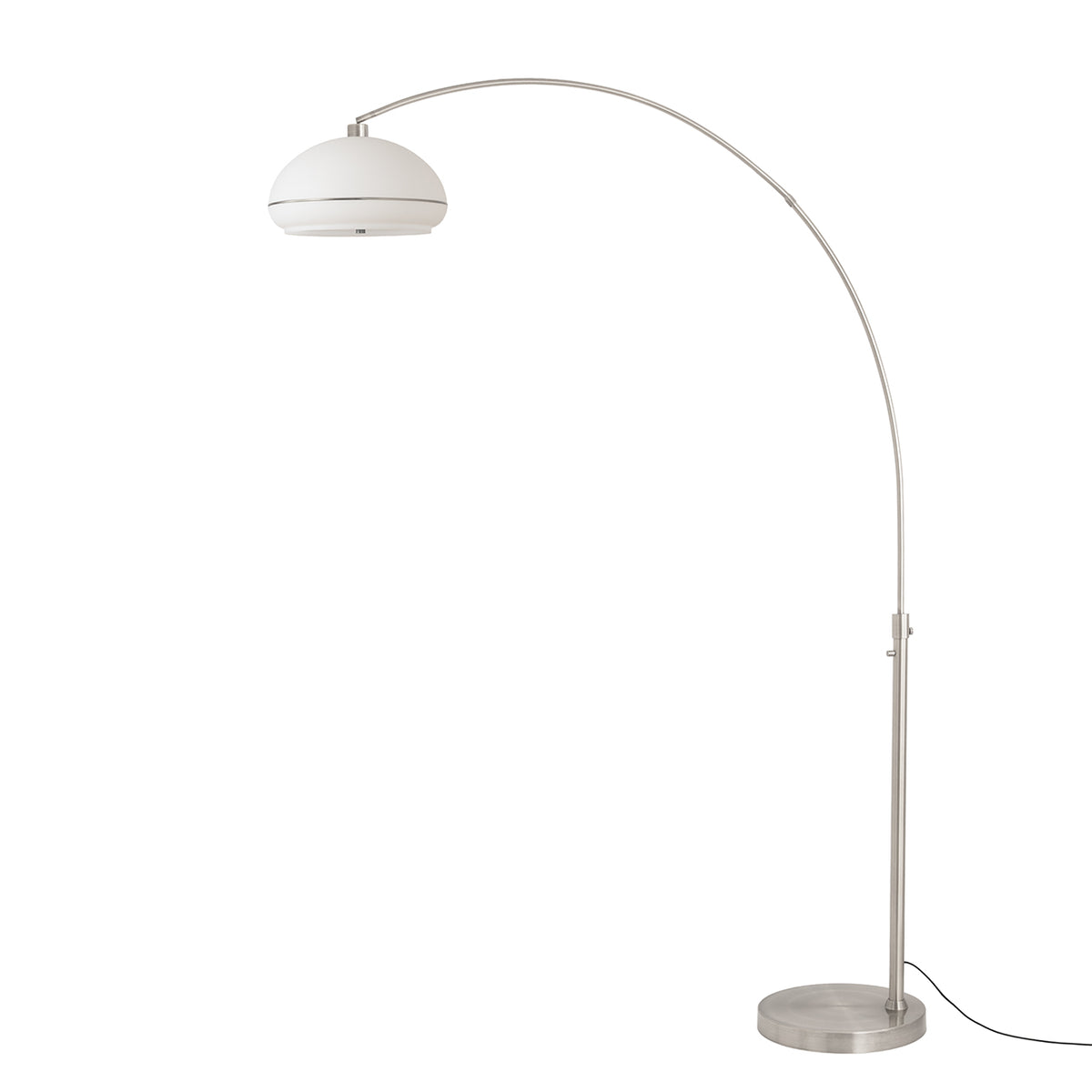 Simple Morelli 85" 1-Light Arc Lamp by Nova of California, White with Satin Nickel Stripe shade, Satin Nickel base, Satin Nickel body – view 10