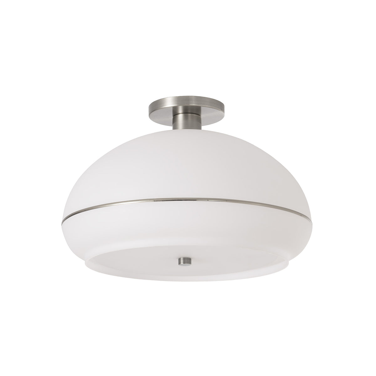 Morelli Flush Mount by Nova of California, White with Satin Nickel Stripe shade, Satin Nickel base, Satin Nickel body – view 2