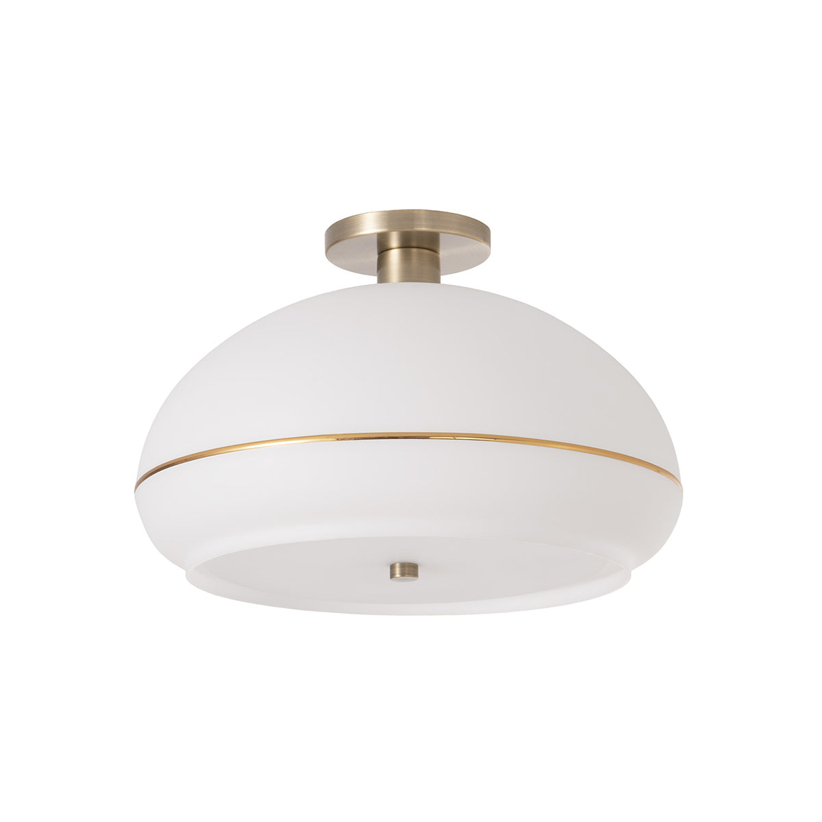 Morelli Flush Mount by Nova of California, White with Weathered Brass Stripe shade, Weathered Brass base, Weathered Brass body – view 1