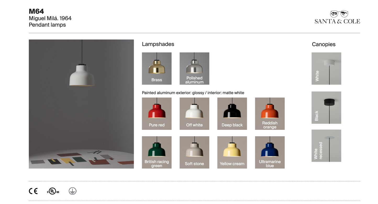 M64 architectural pendant light for reception and lounge areas - lampshade and canopy options