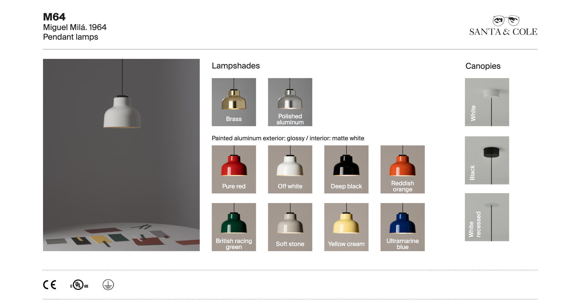 M64 architectural pendant light for reception and lounge areas - lampshade and canopy options