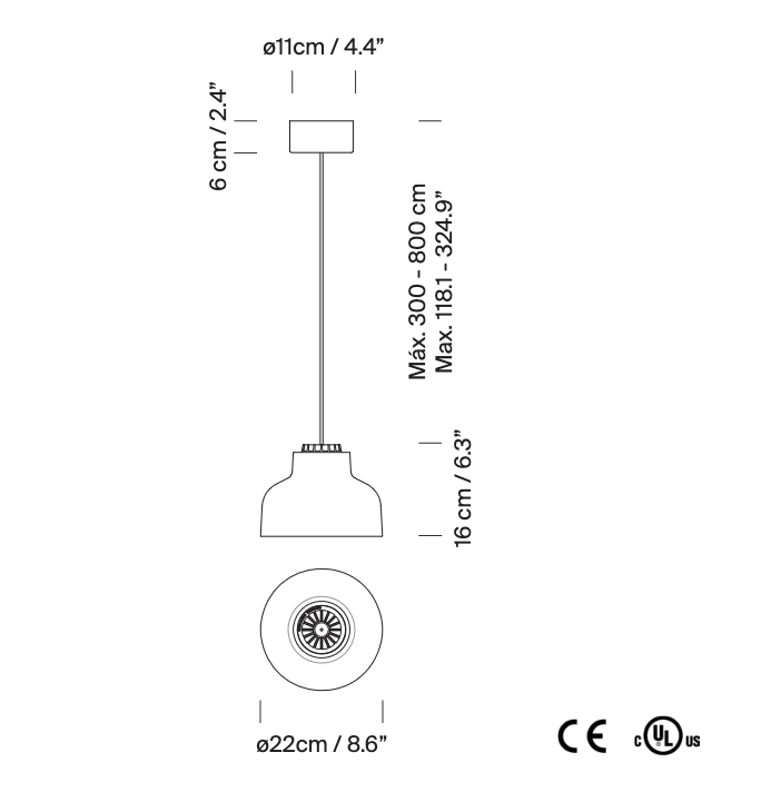 M64 LED pendant light technical schematic for interior design projects