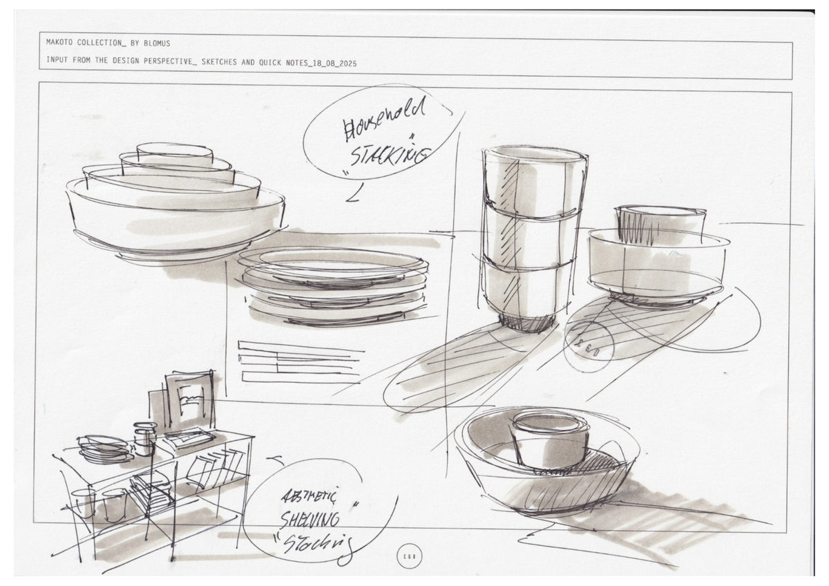 blomus MAKOTO Stoneware Plates: Dinner, Dessert & Side – Carsten Gollnick’s sketch of stacked MAKOTO plates and bowls