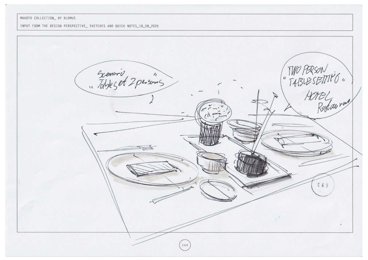 blomus MAKOTO Rectangular Serving Platter – Carsten Gollnick’s sketch of the MAKOTO platter with sushi