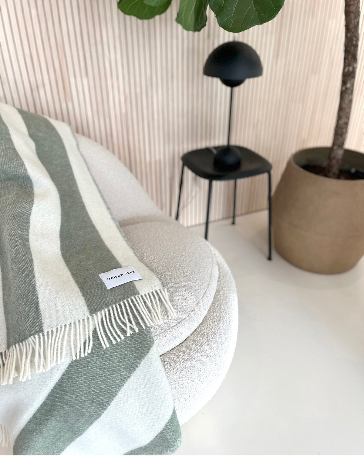 Maison Deux Rough Stripe Wool Blanket in Agave (Olive Green/White) – detail 8