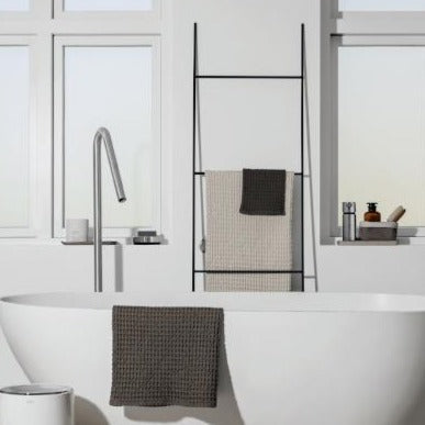blomus FERA Black Steel Towel & Blanket Ladder, 65 in – FERA towel ladder in a styled room
