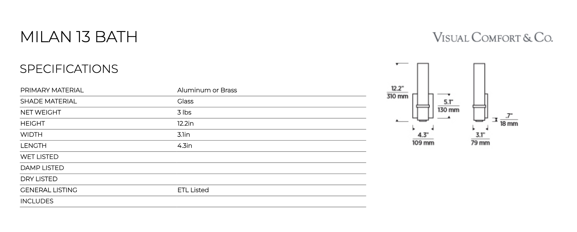 Visual Comfort Milan 13 Inch Led Bath Sconce 