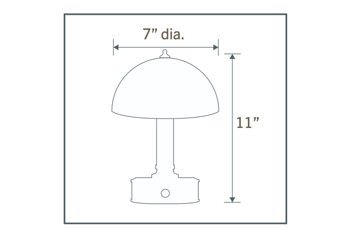 Technical line drawing of Mini Tito rechargeable antique brass table lamp showing compact cordless design