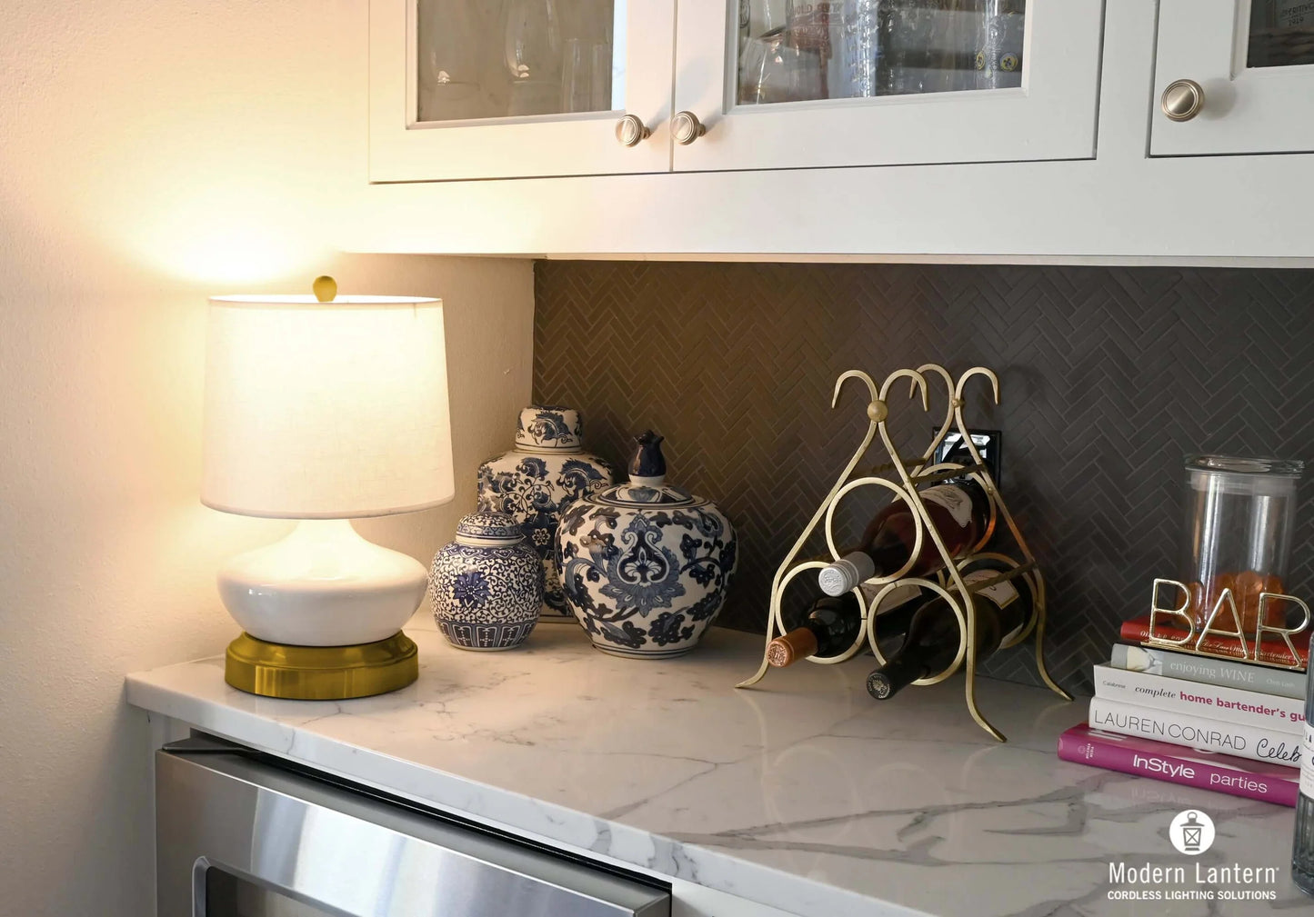 Rechargeable accent lamp with woven rattan shade in living room