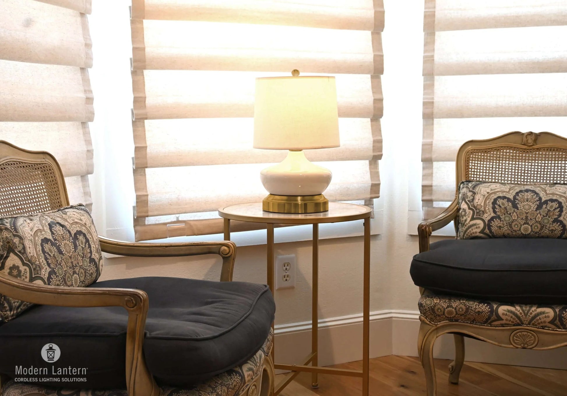 Bella ceramic lamp with natural rattan shade on console table