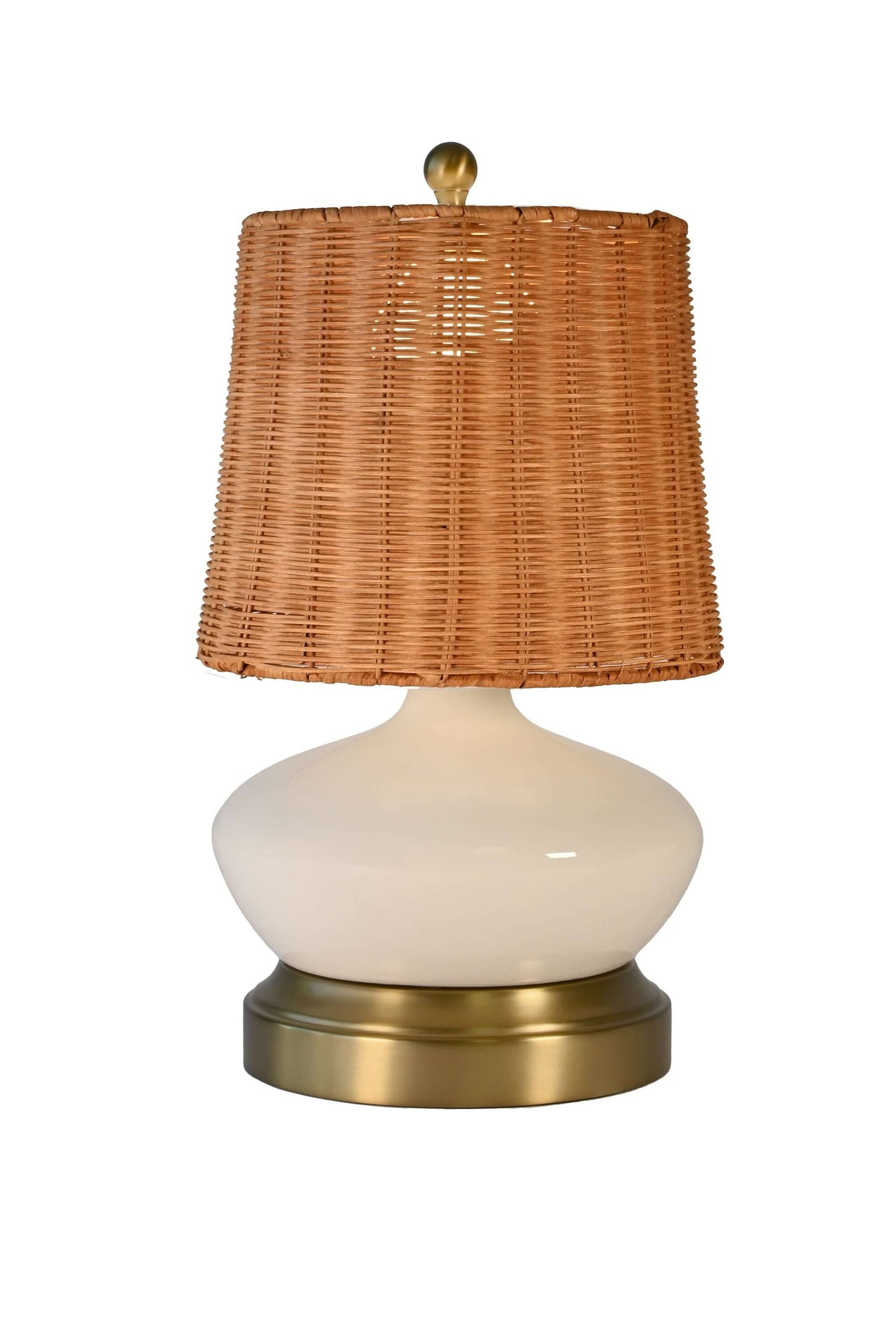 Ivory ceramic accent lamp with brass details and rattan shade