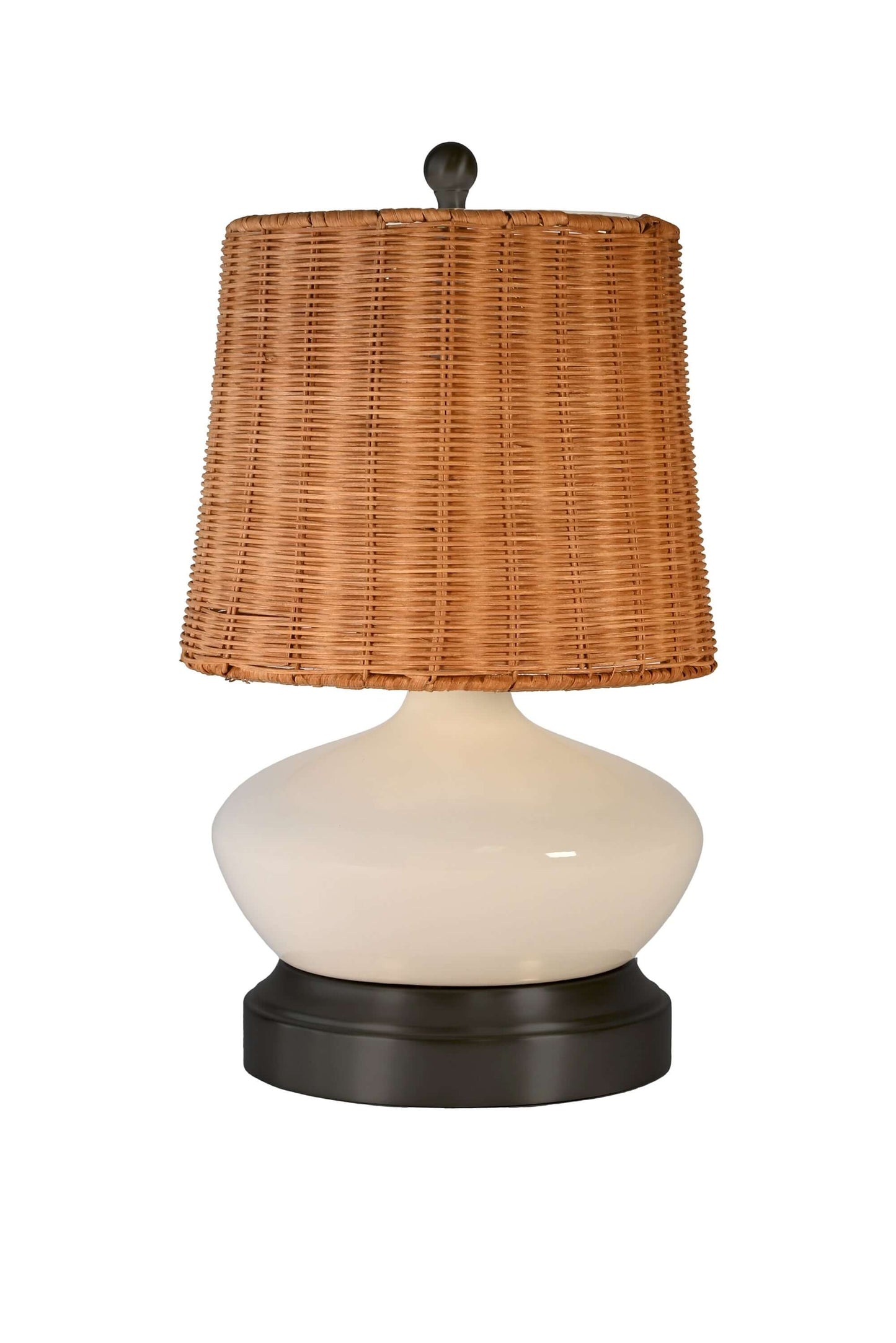 Compact cordless bedside lamp with warm white LED bulb and rattan shade