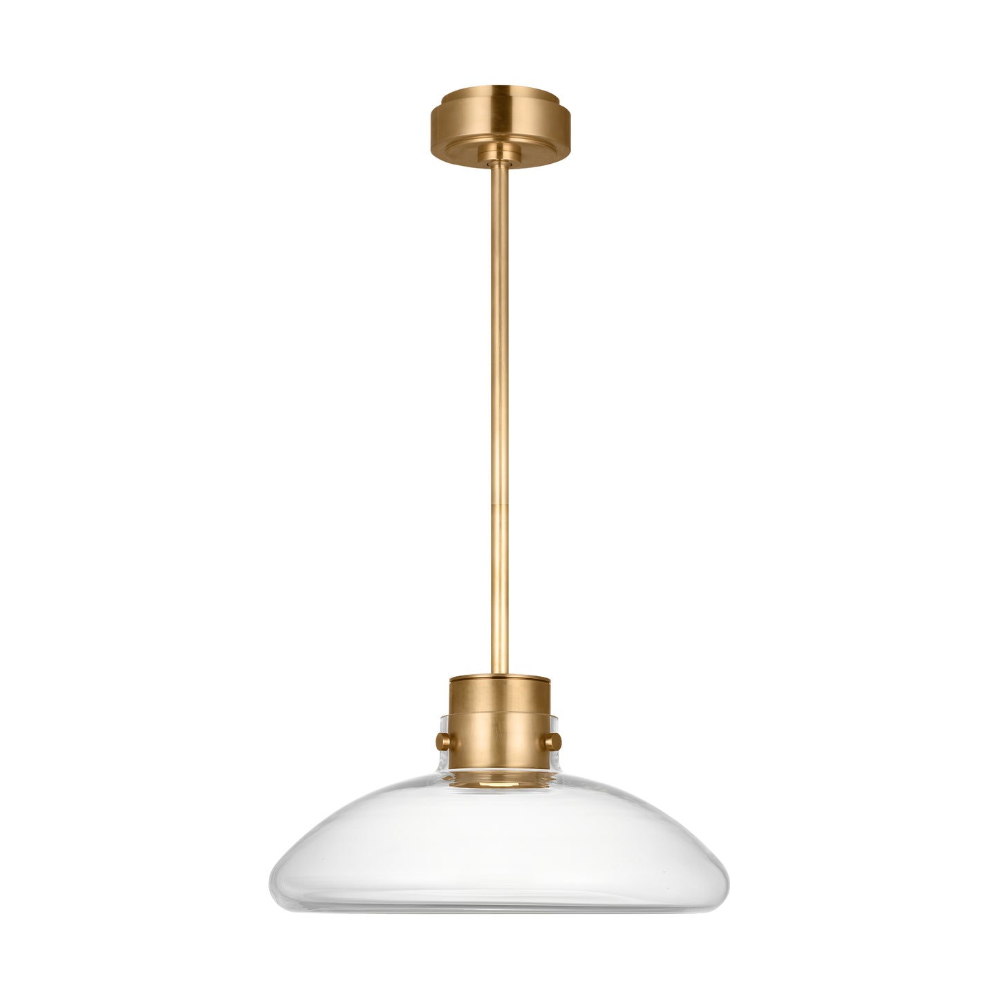 Morgan 16 inch LED pendant light by Visual Comfort with brass finish and clear glass. Warm dim lighting creates a comfortable and inviting atmosphere