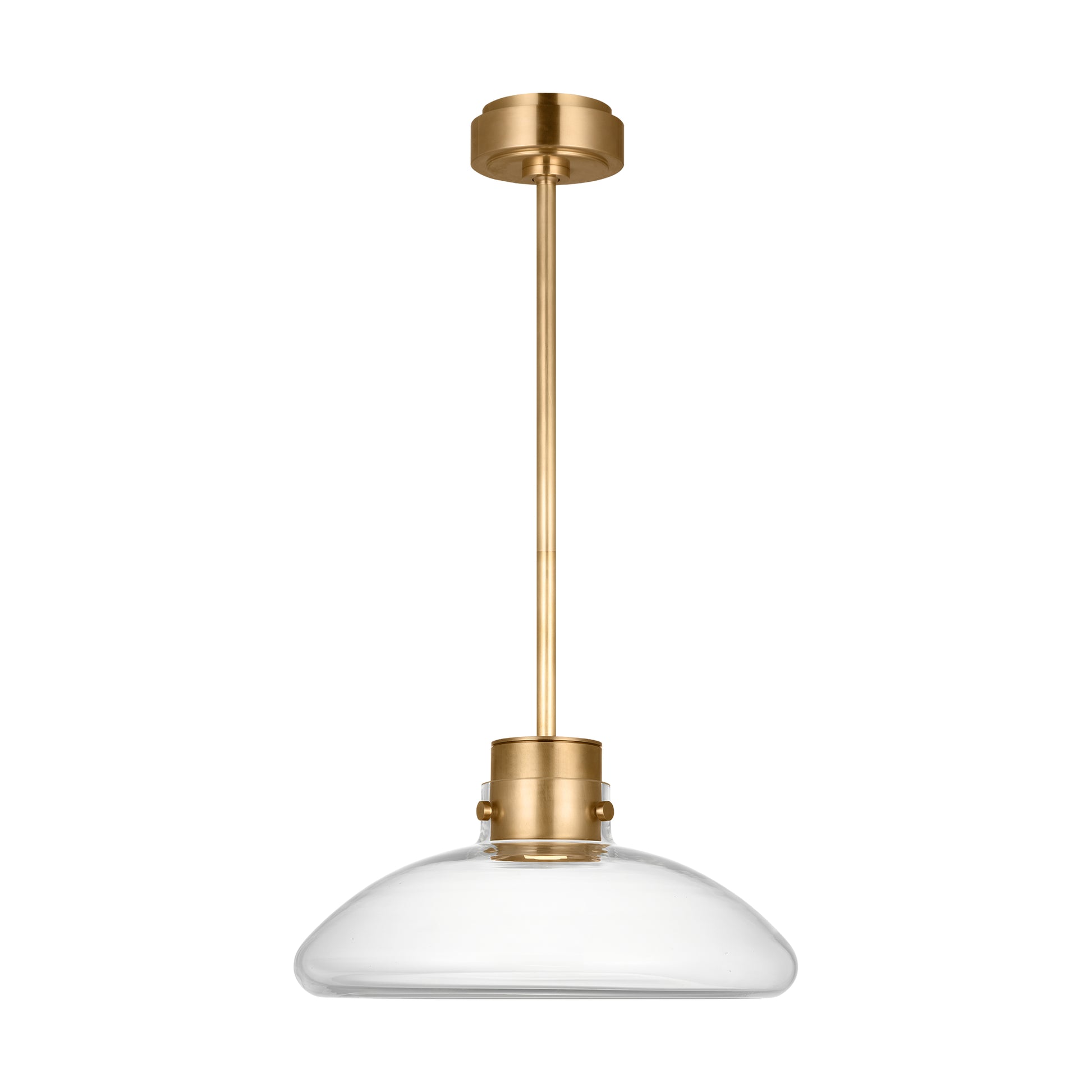 Morgan 16 inch LED pendant light by Visual Comfort with brass finish and clear glass. Warm dim lighting creates a comfortable and inviting atmosphere