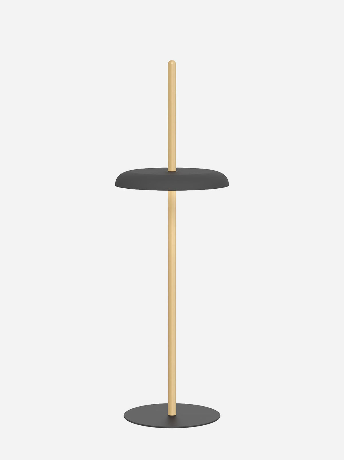 Nivél cordless floor lamp with black shade on an oak post, studio view