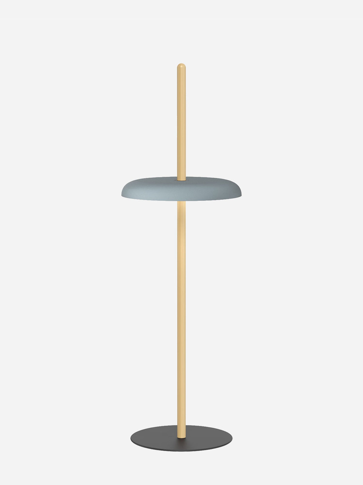 Nivél floor lamp with slate blue shade on an oak post