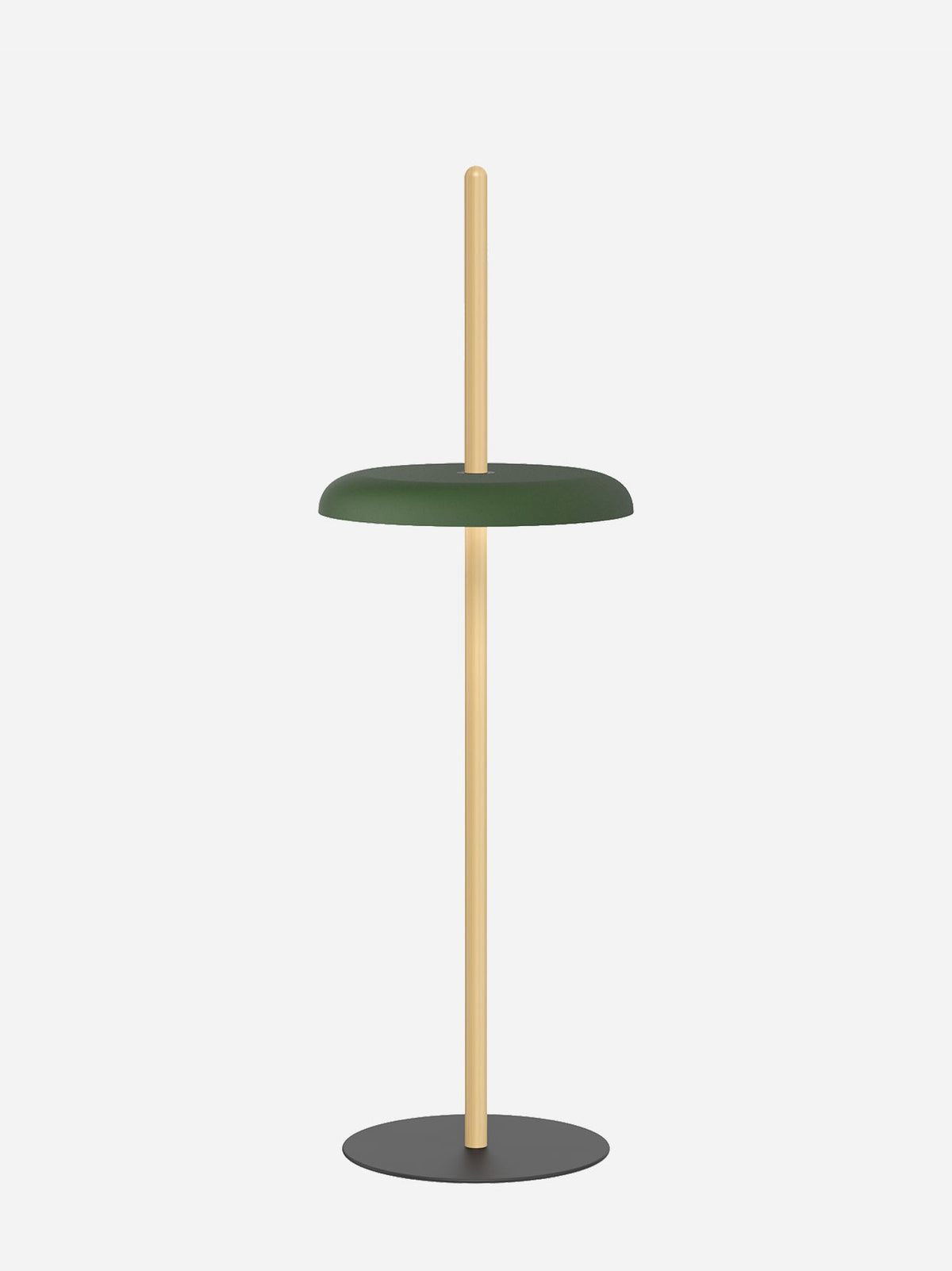 Nivél floor lamp with forest green shade on an oak post