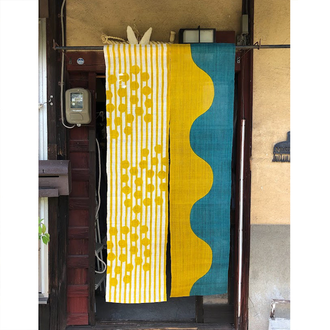 Noboriya Hand-Dyed Hemp Noren Door Curtain – Mimoza-Nami in a doorway
