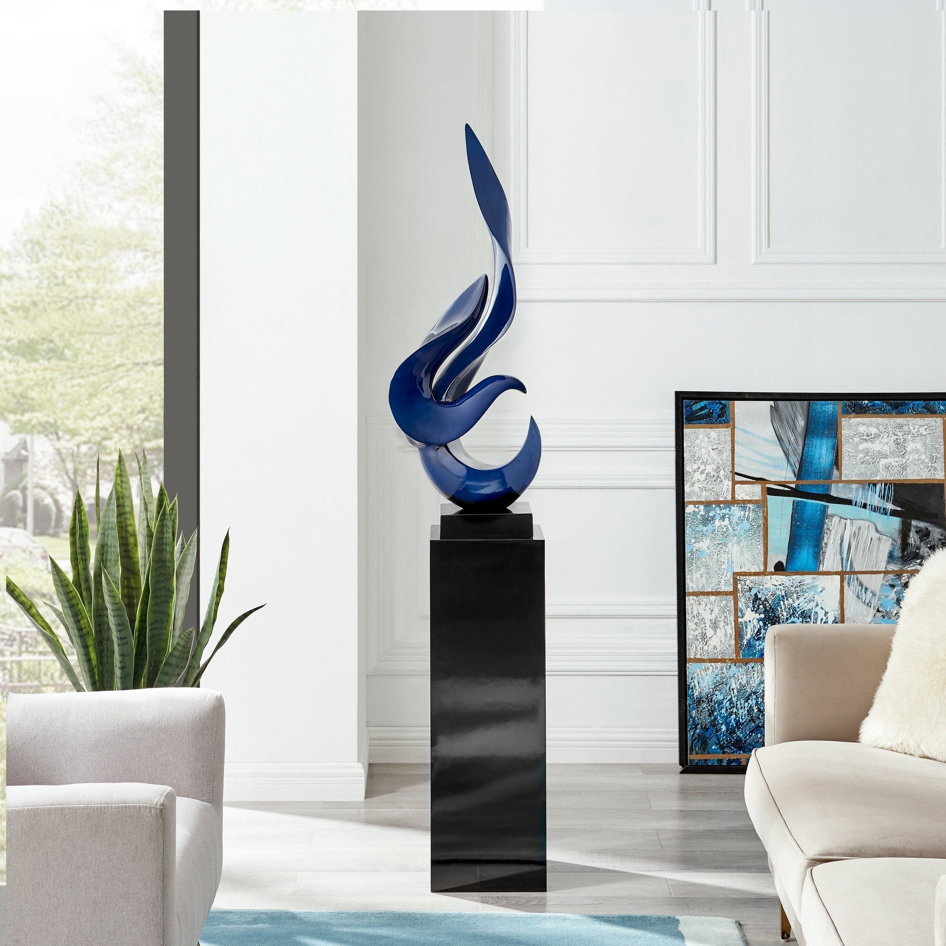 Flame 65" Tall Floor Sculpture Blue with Black Stand by Finesse Decor FLAME-BL/B