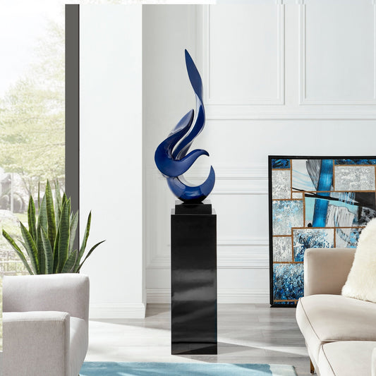 Flame 65" Tall Floor Sculpture Blue with Black Stand by Finesse Decor FLAME-BL/B