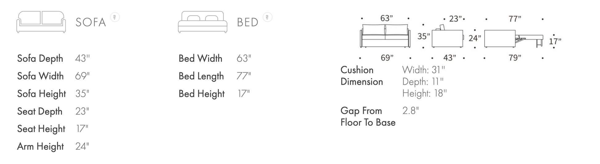 Dimension diagram showing the overall measurements of the sleeper sofa in sofa and bed positions