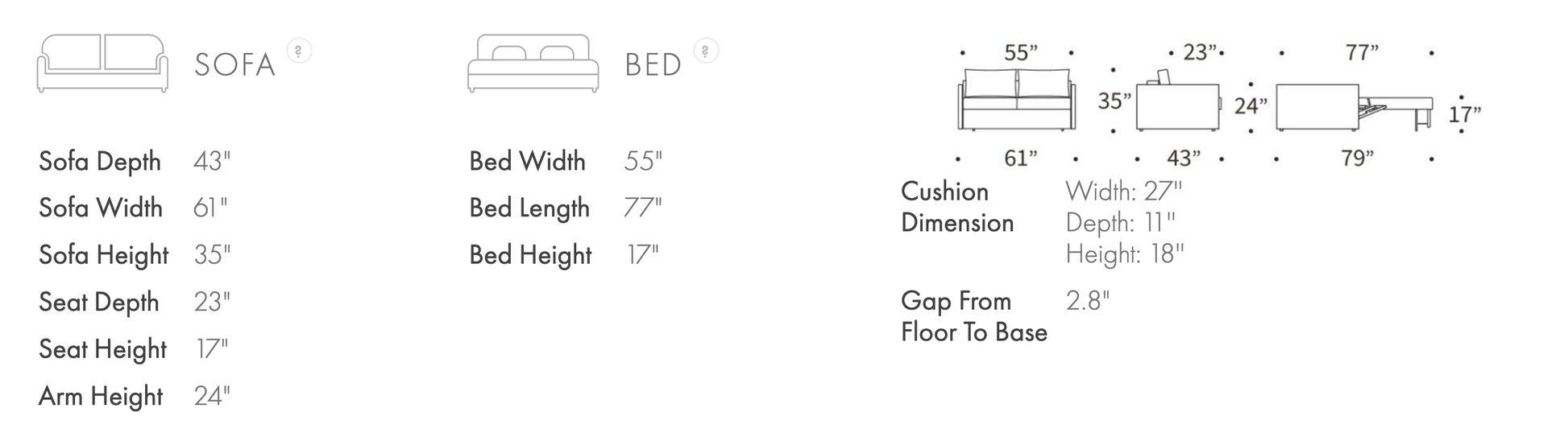 Neah Full Size Sleeper Sofa dimensions showing sofa and bed measurements by Innovation Living