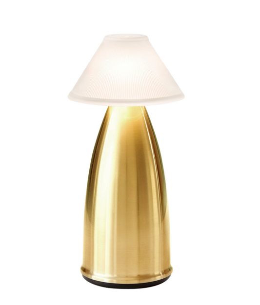 Owl 3 cordless table lamp, brass finish, rechargeable, demonstrating portable accent lighting.