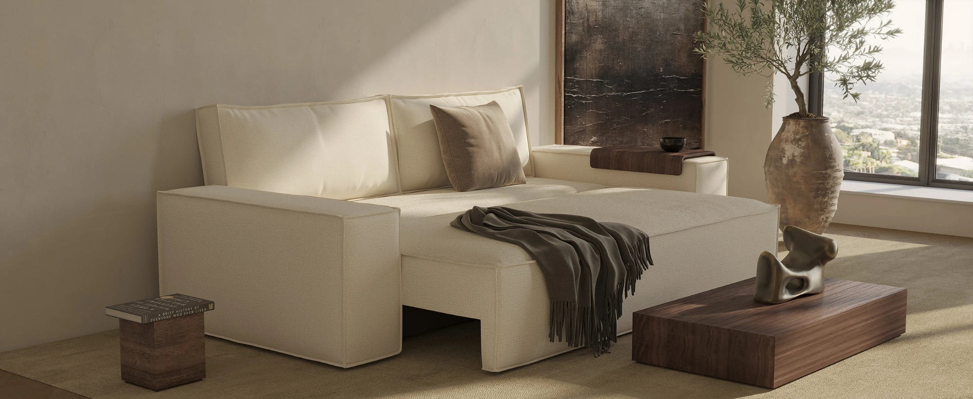Wide-arm Newilla sleeper sofa showing comfortable seating and clean modern lines
