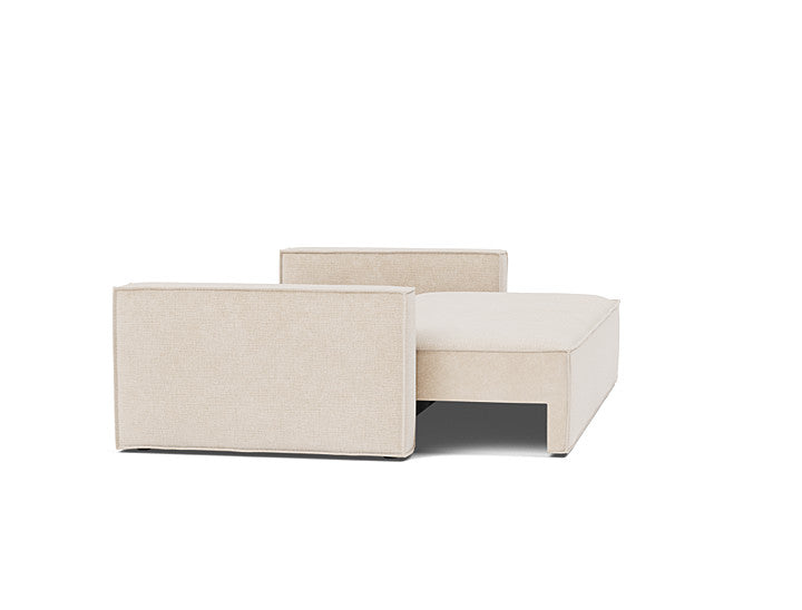 Newilla sleeper sofa shown as a comfortable full-size bed in 255 Adario Basmati fabric