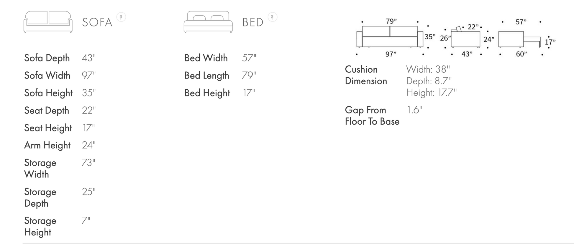 Innovation Living Newilla Sleeper Sofa measurement guide with sofa dimensions