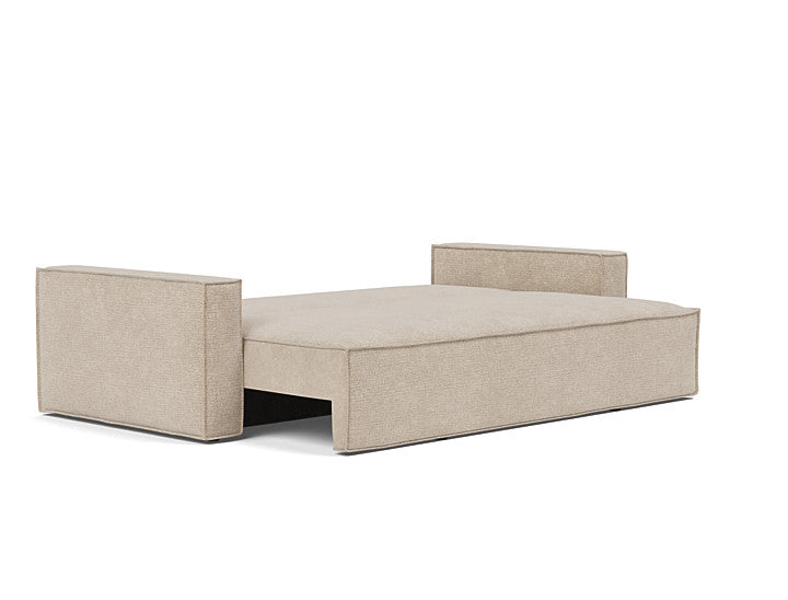 Newilla sleeper sofa converted into a full-size guest bed in 257 Adario Taupe fabric